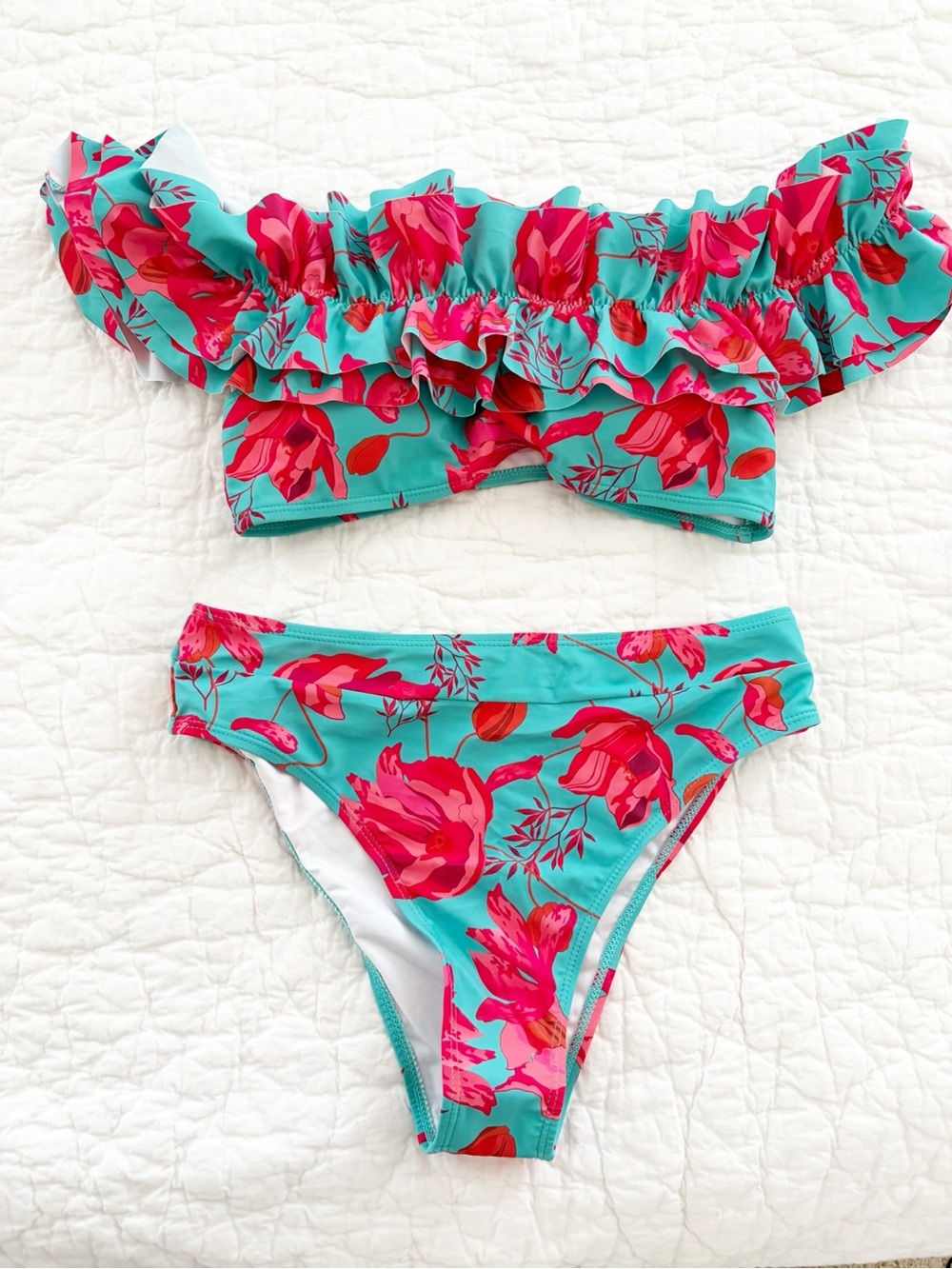 NEW 🌺 Women's Med Turquoise Floral Ruffle Bikini Set high waisted